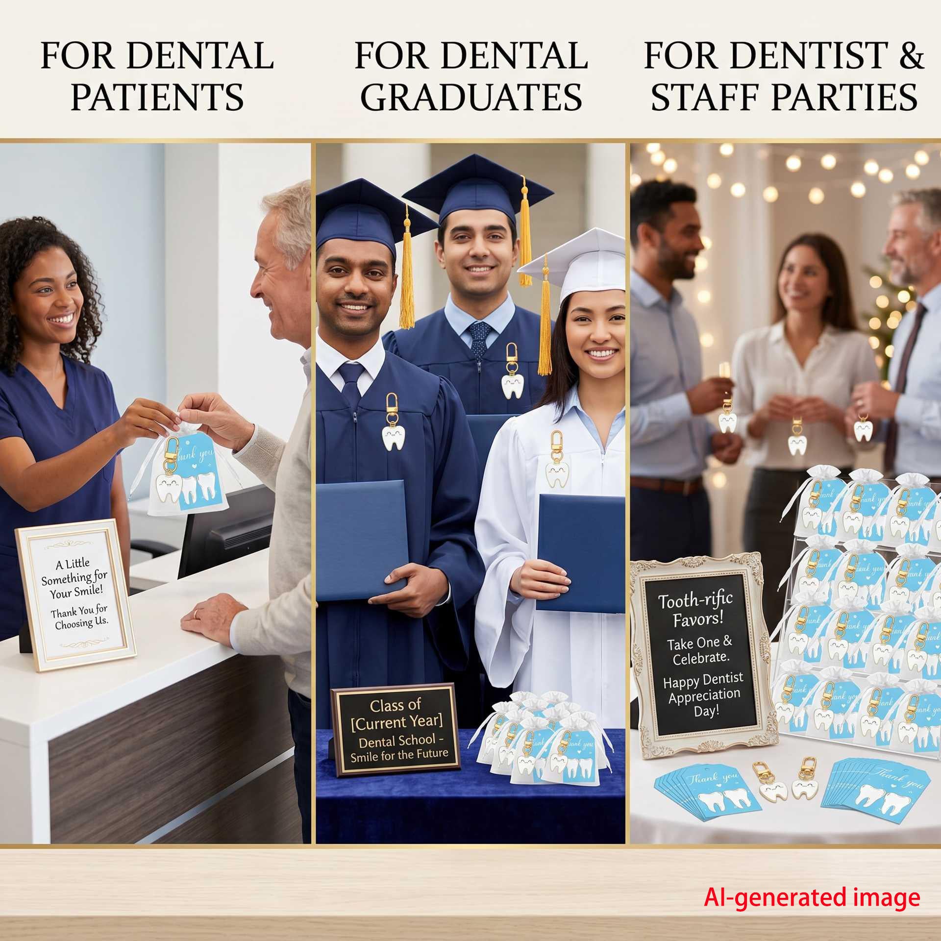 Bulk Dental Patient Gift Set – Tooth Keychain, Organza Bag & Card | Zooykey