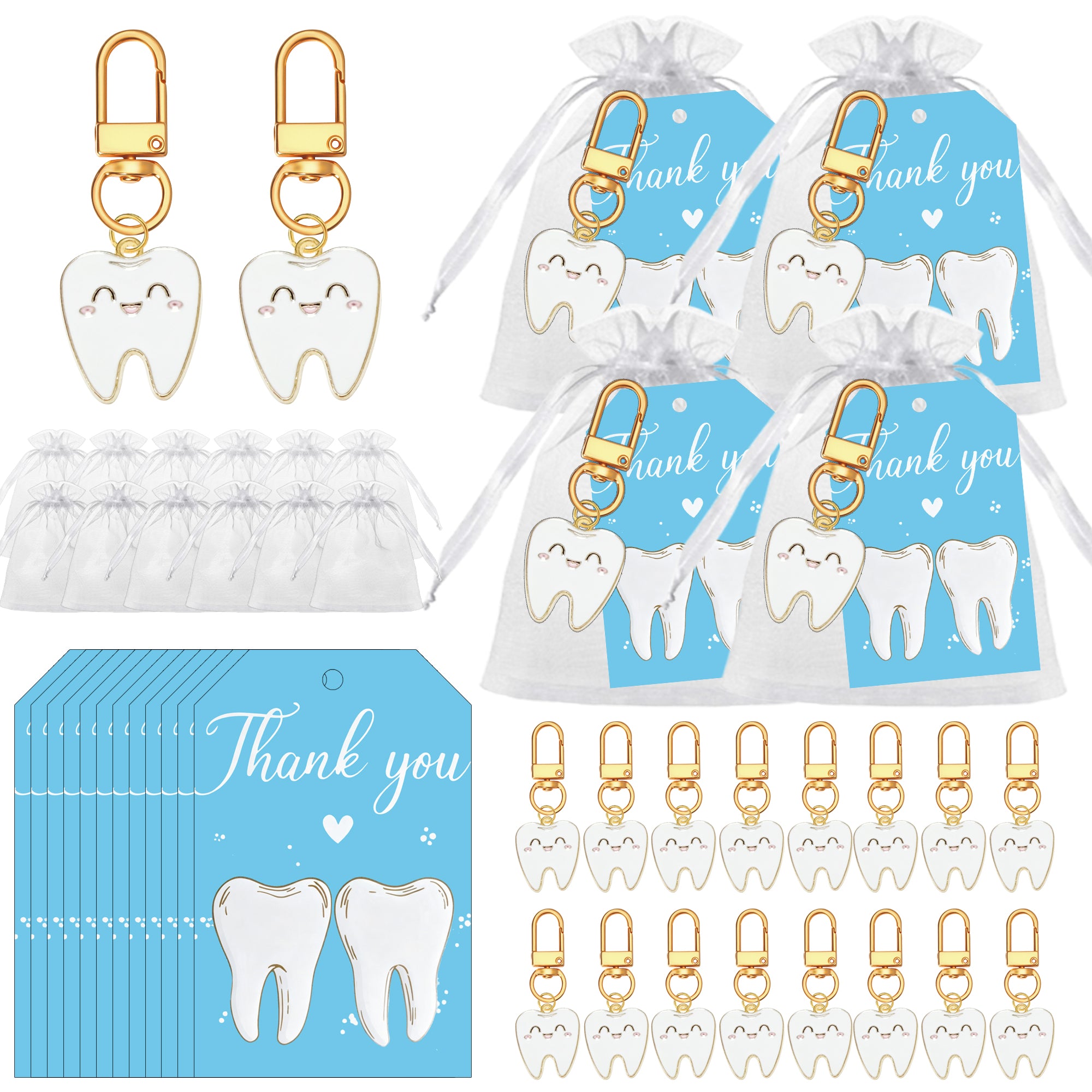 Bulk Dental Patient Gift Set – Tooth Keychain, Organza Bag & Card | Zooykey