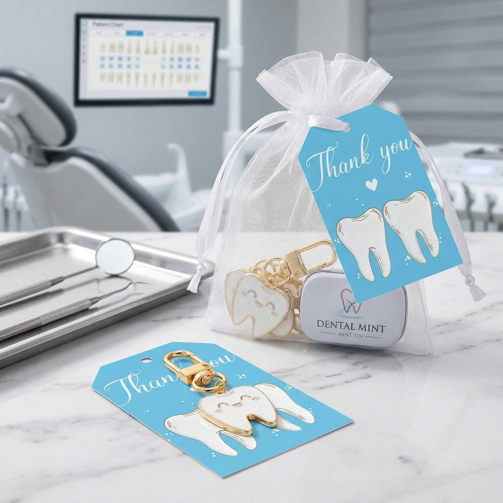Bulk Dental Patient Gift Set – Tooth Keychain, Organza Bag & Card | Zooykey